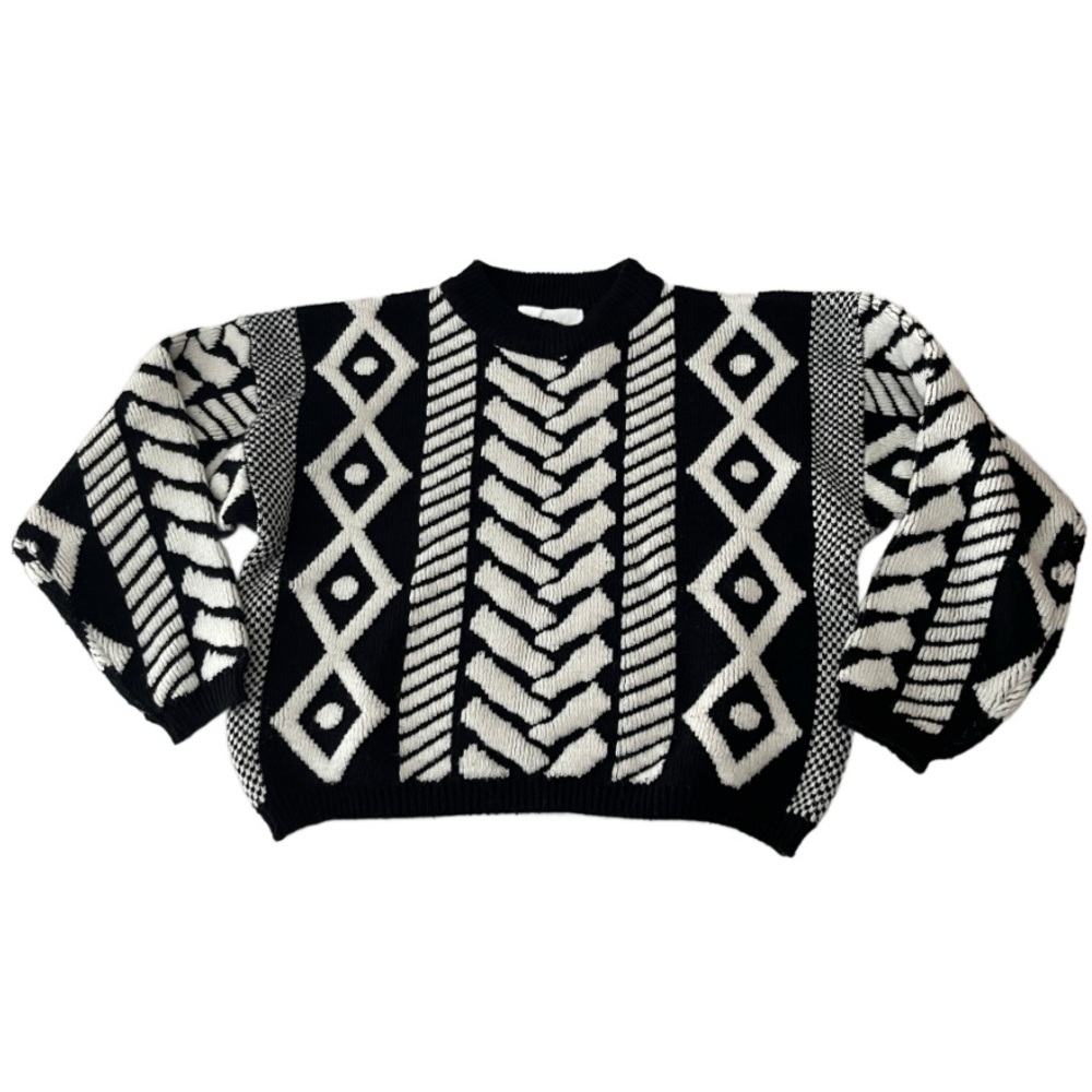 Vintage 80s Jamie Scott B&W Chunky Knit Abstract Sweater‎